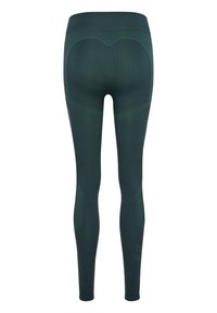 Groene aansluitende leggings met een gestructureerd ontwerp en contrasterende patronen langs de benen en tailleband, gemaakt van rekbaar, ademend materiaal.