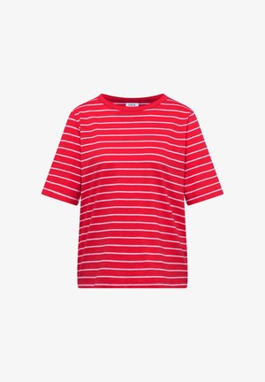Rotes T-Shirt mit kurzen Ärmeln, schmalen weißen horizontalen Streifen und Rundhalsausschnitt.