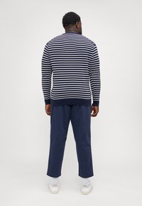 Maglione a righe blu navy e bianche con orlo a coste, indossato sopra pantaloni blu navy e sneakers bianche. Vista retro, che mette in evidenza la silhouette e la texture.