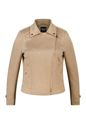 Veste en suédine beige avec col mao, fermeture éclair diagonale et poches latérales. Finition avec des détails de couture décoratifs.