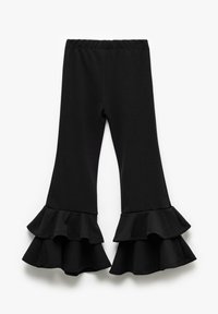 Schwarze Rüschenshorts mit weit ausladendem Saum. Hergestellt aus dehnbarem Stoff, mit einer glatten Textur und einem elastischen Bund für hohen Komfort.