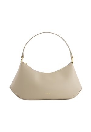 Sac à main en cuir beige avec silhouette courbée, poignée courte, fermeture éclair dorée et petit logo doré "VENEZIA" au centre avant.