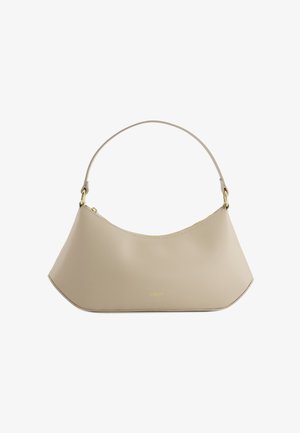 Béžová kožená kabelka se zakřiveným siluetem, krátkým uchem, zlatým zipem a malým zlatým logem "VENEZIA" na předním středu.