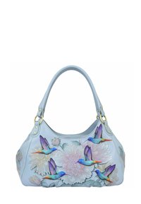  lichtblauwe leren handtas met geborduurde bloem- en kolibridesigns, voorzien van gouden hardware en gestructureerde accenten.