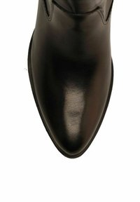 Black leather ankle boot with a smooth, shiny finish. Features a pointed toe and a slim, round heel. Classic design with minimal accents.