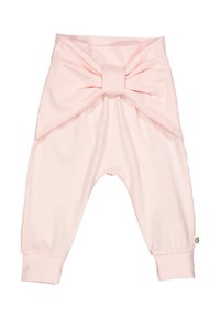 Pantaloni per neonati in cotone rosa con un grande dettaglio a fiocco nella parte anteriore, gamba affusolata con polsini e una texture morbida e liscia.