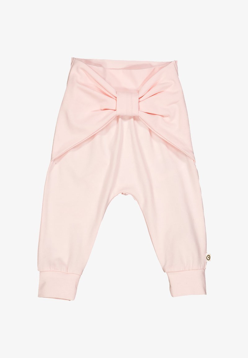 Pantaloni per neonati in cotone rosa con un grande dettaglio a fiocco nella parte anteriore, gamba affusolata con polsini e una texture morbida e liscia.