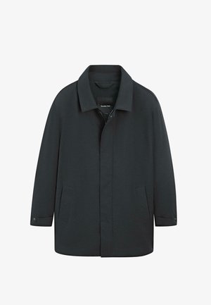 Mørkegrå herrefrakke med krave, lange ærmer, skjulte knapper foran og sidelommer, mærket Massimo Dutti.