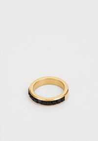 Gold ring featuring a black faceted band. The ring has a smooth inner surface and a textured outer edge with glossy black accents.