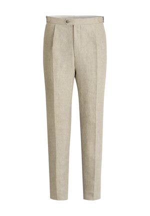 Lichtbeige linnen broek met een rechte snit, voorzien van voorplooien, een enkele knoop in de tailleband en een gladde textuur.