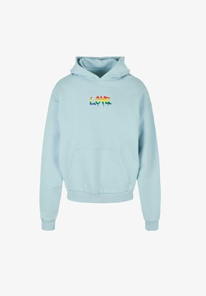 Jasnoniebieska bluza z kapturem wykonana z miękkiego materiału, z przednią kieszenią typu kangur i tęczowym napisem "LOVE". Regulowany kaptur ze sznurkiem.