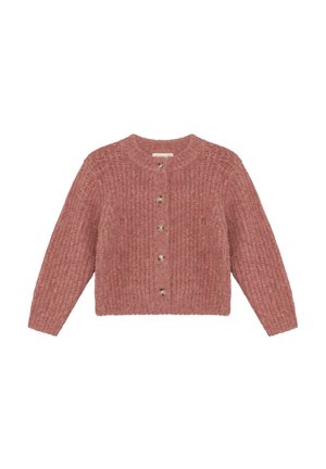 Soft pink knitted cardigan with long sleeves and six front buttons, featuring a round neck and a textured pattern.