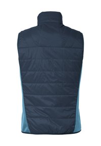 Gilet senza maniche blu navy con colletto alto, parte anteriore imbottita e pannelli laterali azzurri. Presenta cuciture verticali per aggiungere texture.