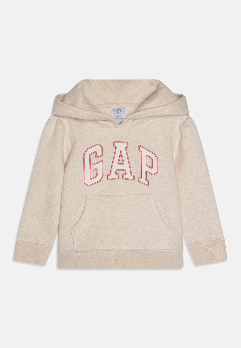 Light beige hoodie with a large red "GAP" logo on the front, kangaroo pocket, and ribbed cuffs and hem. Soft fabric with a cozy design.