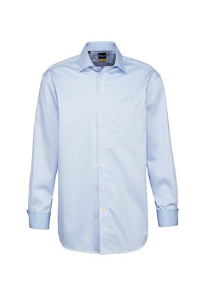 Helles blaues Langarmhemd mit Button-Down-Kragen, Brusttasche und senkrechten Streifen. Hergestellt aus glattem Stoff mit Knöpfen und Manschetten.