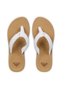 Λευκές σαγιονάρες με πλεκτό λουράκι και ταμπά μαλακό πέλμα. Διαθέτουν λογότυπο χαραγμένο στη σόλα. Απλός σχεδιασμός, καθημερινή χρήση.