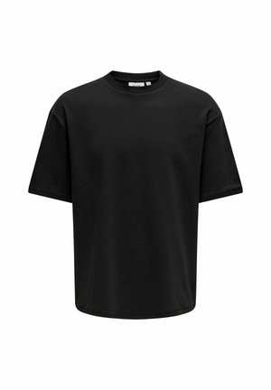 T-shirt noir à manches courtes en coton, avec un col rond et une coupe décontractée et ample, sans motifs ni accents visibles.