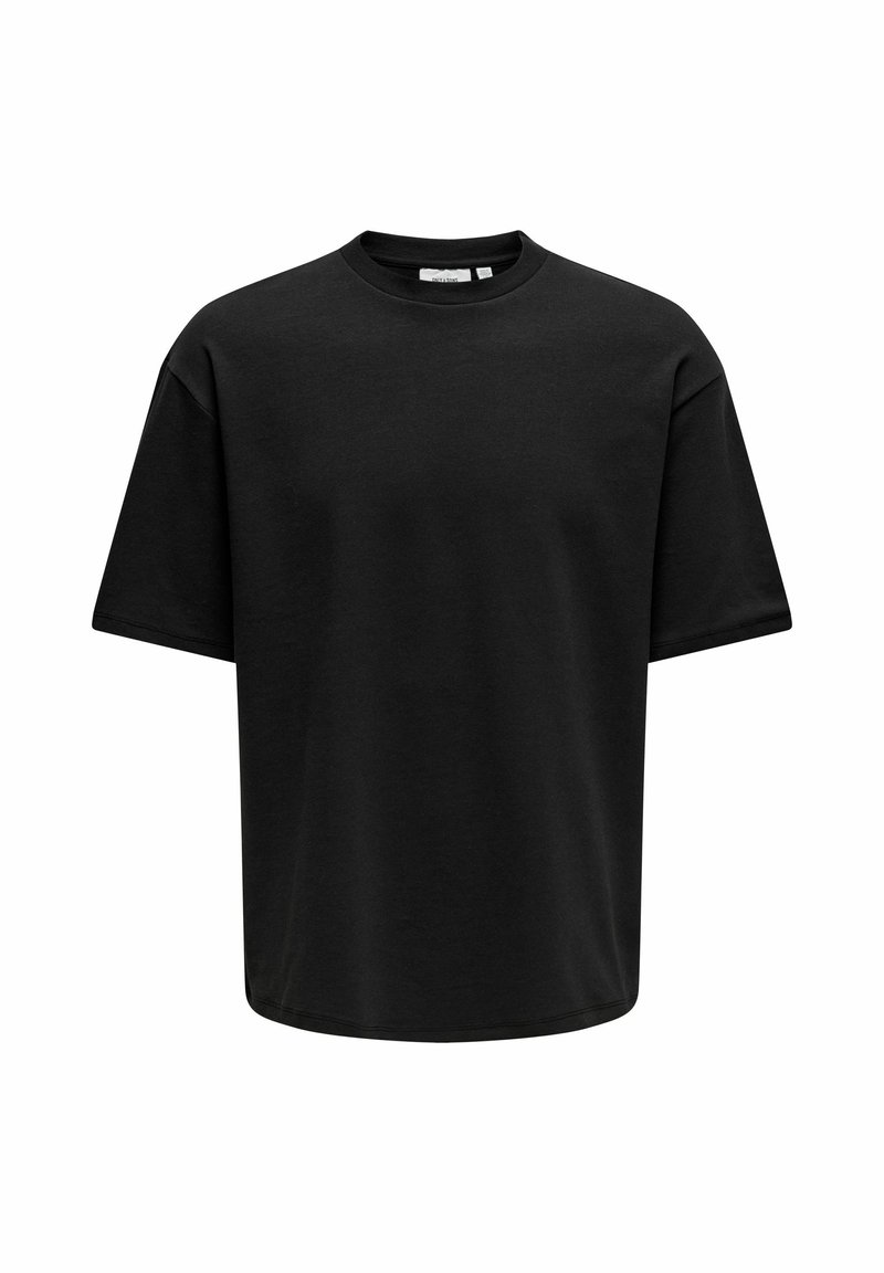 T-shirt noir à manches courtes en coton, avec un col rond et une coupe décontractée et ample, sans motifs ni accents visibles.