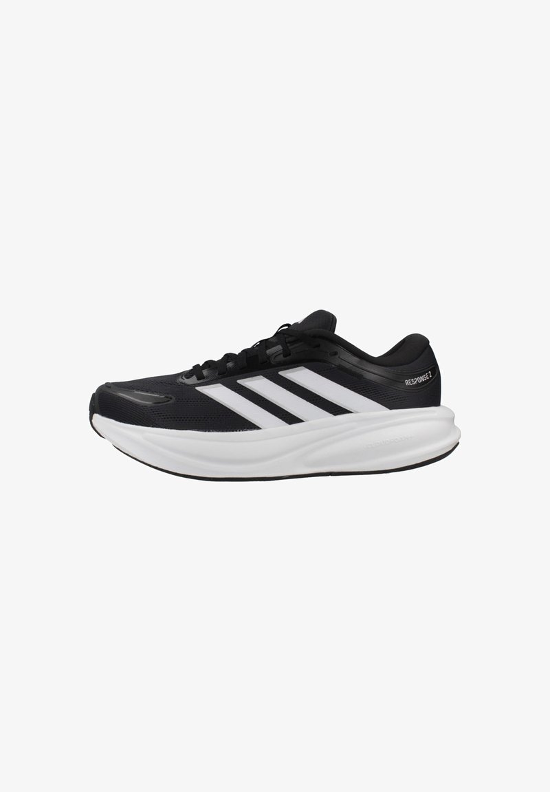 Chaussure de course Adidas Response 2 en noir et blanc avec semelle amortie et trois bandes blanches sur le côté, vue de profil.