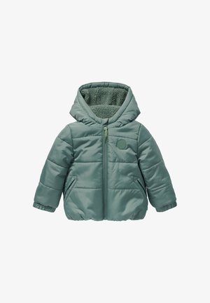 Groene gewatteerde peuterjas met capuchon, voorrits, fleece voering, zijzakken en elastische manchetten, geïsoleerd op een witte achtergrond.