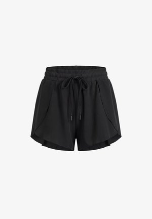 Pantaloni scurți sport negri cu talie elastică, șnur ajustabil, tiv curbat și buzunare laterale, prezentate pe fundal alb.