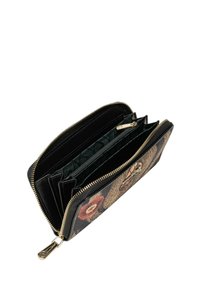 Portafoglio nero con design floreale, chiusura con zip, più slot per carte e una tasca interna con zip. Tessuto texturizzato con dettagli in hardware dorato.