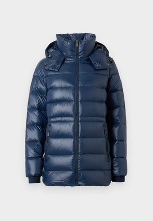 Marineblaues Steppjacke mit glänzender Oberfläche, vertikaler Steppung, hohem Kragen und Kapuze. Mit Reißverschlüssen und gerippten Bündchen.