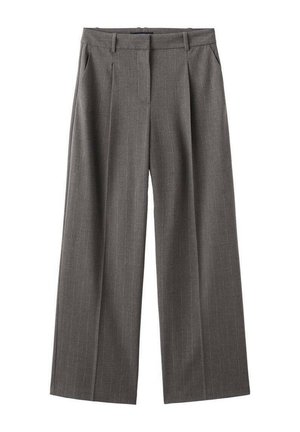 Pantaloni larghi grigi con un motivo a righe, dotati di vita alta, pieghe e una superficie liscia. Realizzati in un tessuto leggero.