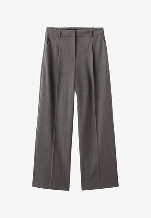 Graue, weit geschnittene Hosen mit einem Streifenmuster, hoher Taille, Falten und glattem Stoff. Hergestellt aus einem leichten Material.