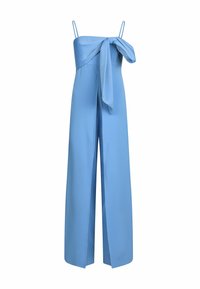 Hellblauer Jumpsuit mit tailliertem Oberteil und weit geschnittenen Beinen. Mit Spaghettiträgern und einem großen Schleifendetail am Ausschnitt. Glatte Textur.