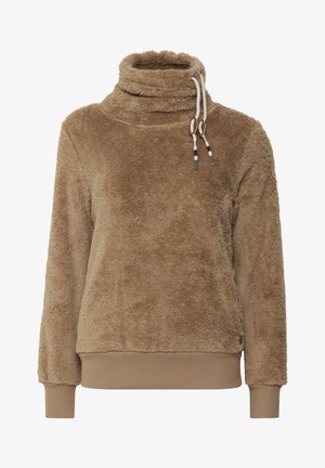 Brown fleece sweatshirt with a high collar, drawstrings, long sleeves, and ribbed cuffs and hem. Soft texture, casual design.