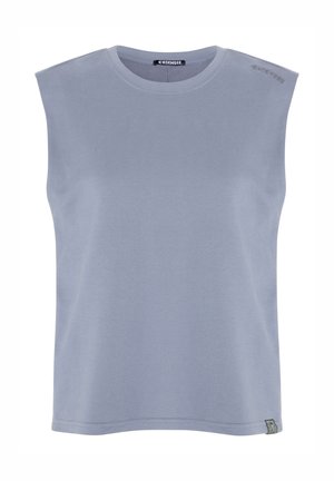 Sleeveless light blue top made of cotton, featuring a round neckline and subtle branding on the shoulder, with a straight hemline.