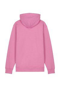 Roze hoodie met een gladde textuur, lange mouwen en een ontspannen pasvorm. Kenmerkt zich door een centrale naad op de rug en heeft geen zichtbare logo's of accenten.