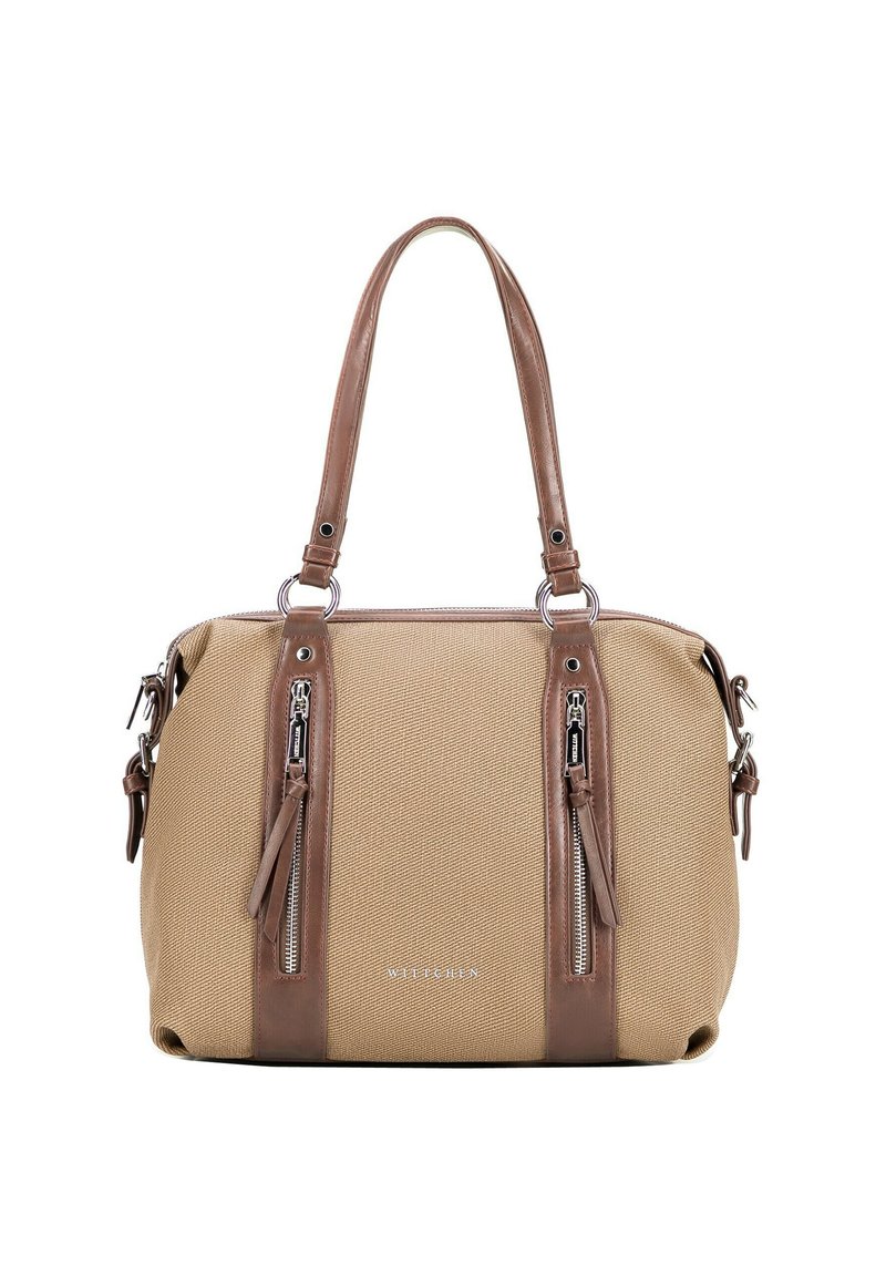 Beżowa torebka z materiału z brązowymi akcentami z ekoskóry, podwójnymi uchwytami na górze i dwoma przednimi kieszeniami na zamek. Obecne detale ze srebrnego metalu.