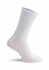 Hvide bomuldscrew sokker med ribbet tekstur, elastisk manchet og forstærket tå. Størrelsen er angivet på sålen.