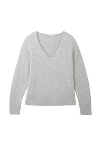 Pull gris clair à col en V, fabriqué en matériau doux. Présente des manches longues légèrement amples et un ourlet côtelé. Texture lisse avec des détails minimaux.