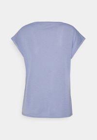 Light purple t-shirt, short sleeves, soft fabric, relaxed fit, rounded neckline, smooth texture, hemline slightly curved at the bottom.