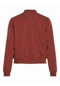 Rote Bomberjacke, glattes Material, gerippter Kragen und Bündchen, elastischer Bund und keine sichtbaren Beschläge oder Designs auf der Rückseite.