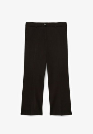 Mustat leveälahkeiset housut, joissa on tasainen etuosa, etutaskut ja nappikiinnitys vyötäröllä. Valmistettu sileästä kankaasta, jossa on hieno rakenne.