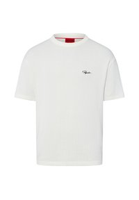 Weißes T-Shirt mit kurzen Ärmeln, gerippter Textur und Rundhalsausschnitt. Mit einem schwarzen gestickten Logo auf der Brust und einem roten Innenetikett.