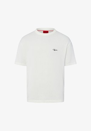 Weißes T-Shirt mit kurzen Ärmeln, gerippter Textur und Rundhalsausschnitt. Mit einem schwarzen gestickten Logo auf der Brust und einem roten Innenetikett.