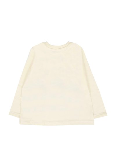 Crème kleurige peuter t-shirt met lange mouwen, ronde hals, eenvoudig ontwerp en zichtbare stiksels langs de zoom en manchetten.
