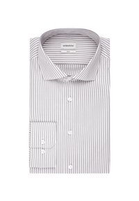 Camicia da uomo slim-fit piegata con righe verticali grigie e bianche, con polsini abbottonati e colletto classico.