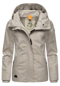 Light beige insulated jacket with a hood, zippered front, ribbed cuffs, and quilted side pockets. Features a label inside the collar.