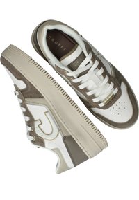 Bruine en witte sneakers beschikken over een ontwerp van leer en suede, een vetersluiting, geperforeerde neus, textuuraccenten en een gelaagde zool.