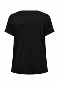 Svart t-shirt med kort ärm och avslappnad passform, med rund halsringning och uppvikta ärmslut. Mjuk och slät tygtextur.