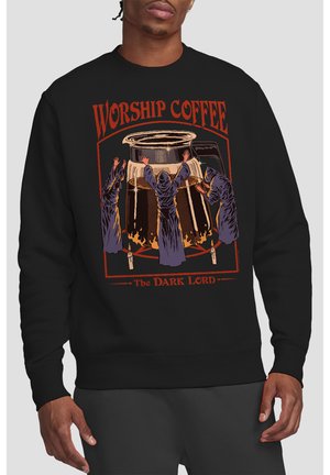 Black sweatshirt with graphic of robed figures worshipping a large coffee pot, text reads "Worship Coffee" and "The Dark Lord."