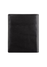 Black leather wallet, smooth texture, fold-over design, single color with no visible patterns or accents, rectangular shape.
