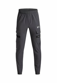 Dark gray Under Armour cargo pants with elastic waistband and cuffs, side flap pockets, and black strap details on legs.