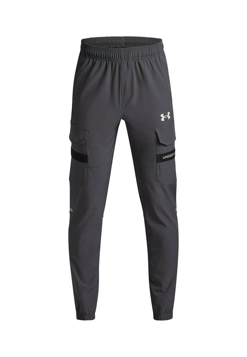 Dark gray Under Armour cargo pants with elastic waistband and cuffs, side flap pockets, and black strap details on legs.